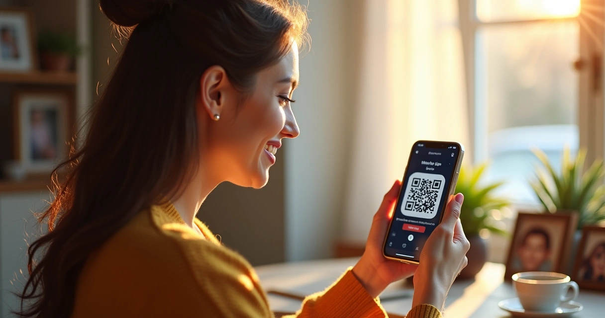 Mulher sorrindo recebendo presente digital em celular, com QR Code na tela