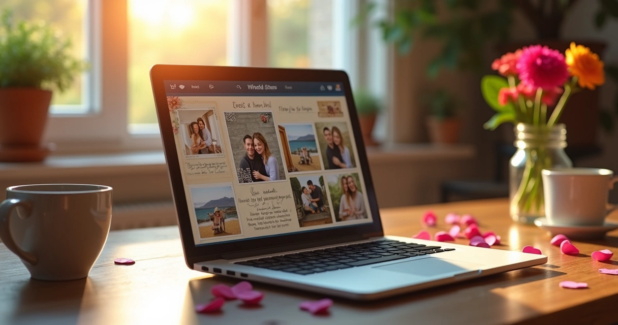 Notebook com álbum digital personalizado aberto, mostrando fotos do casal e QR Code na tela, flores e bilhetes ao redor. 