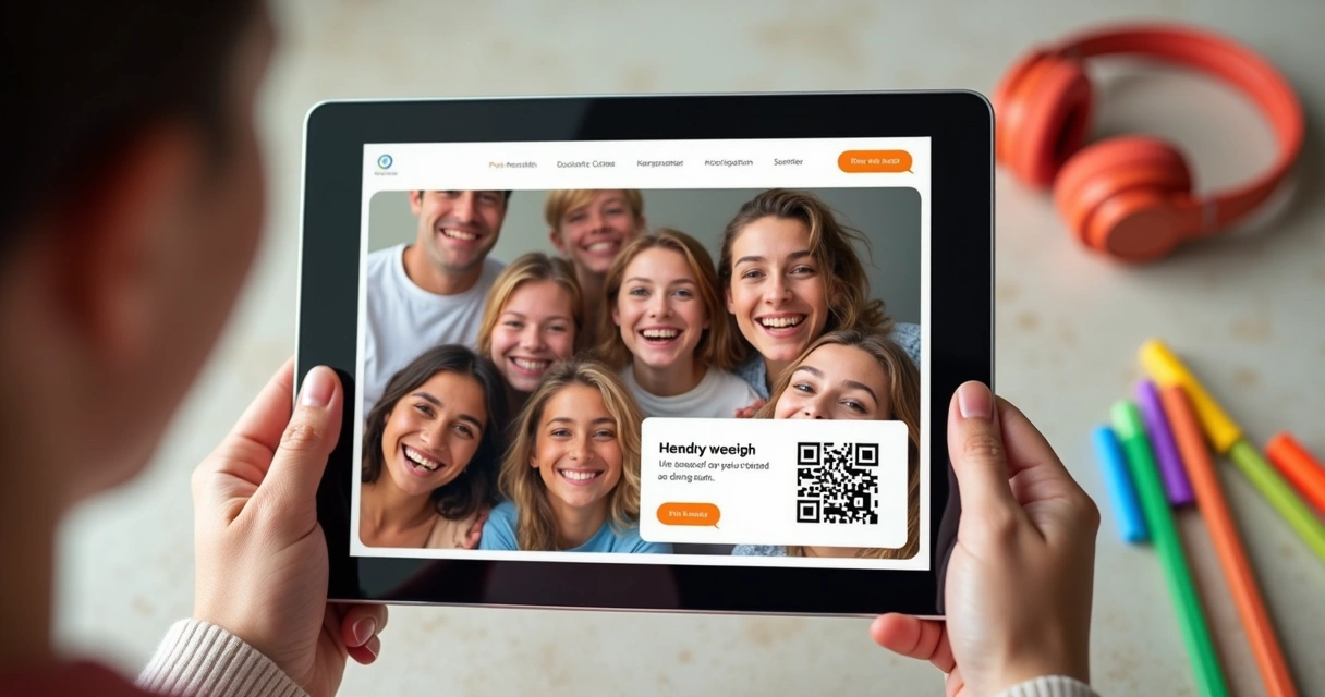 Mão segurando um tablet mostrando montagem de fotos, QR Code e mensagem personalizada 