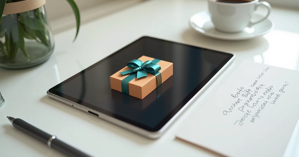 Vídeo de presente digital exibido em tablet sobre mesa clean.