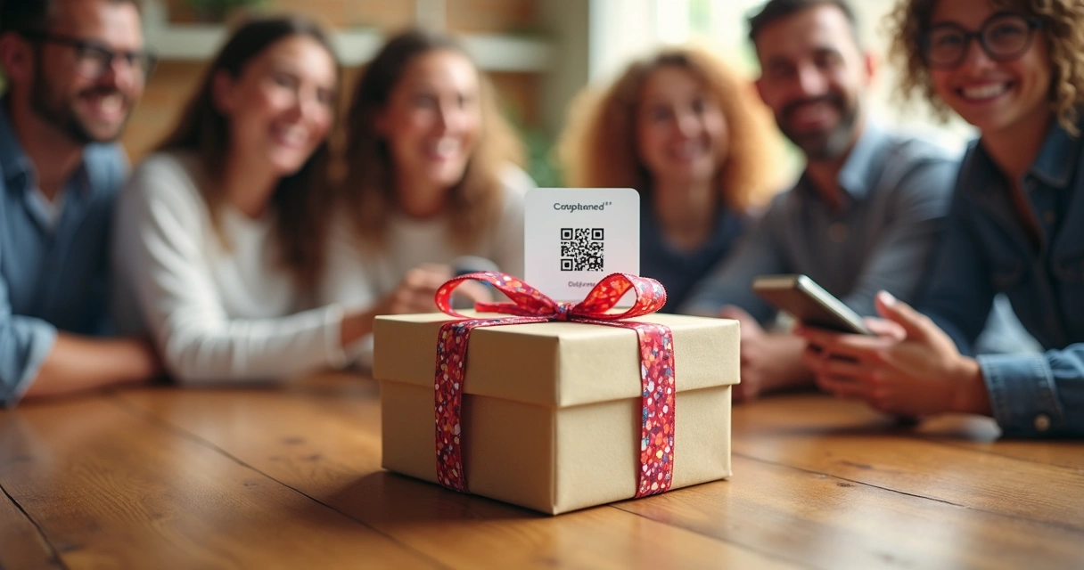 Caixa de presente sendo aberta com QR Code aplicado na tampa 