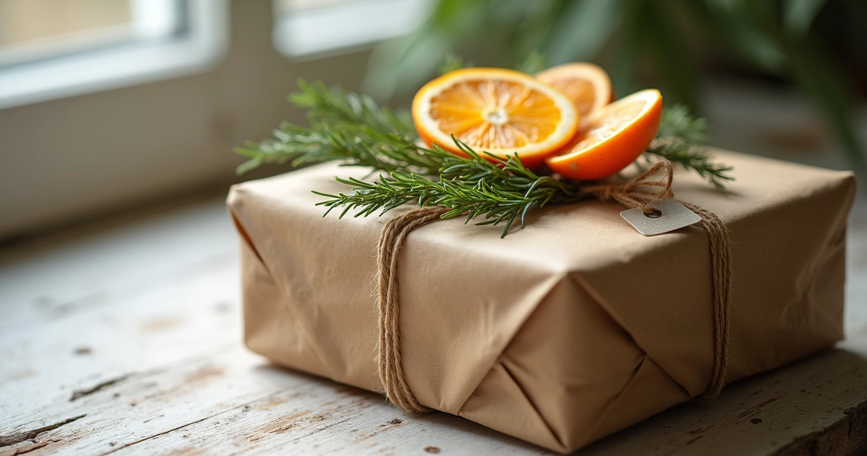 Embalagem de presente sustentável com papel kraft e elementos naturais