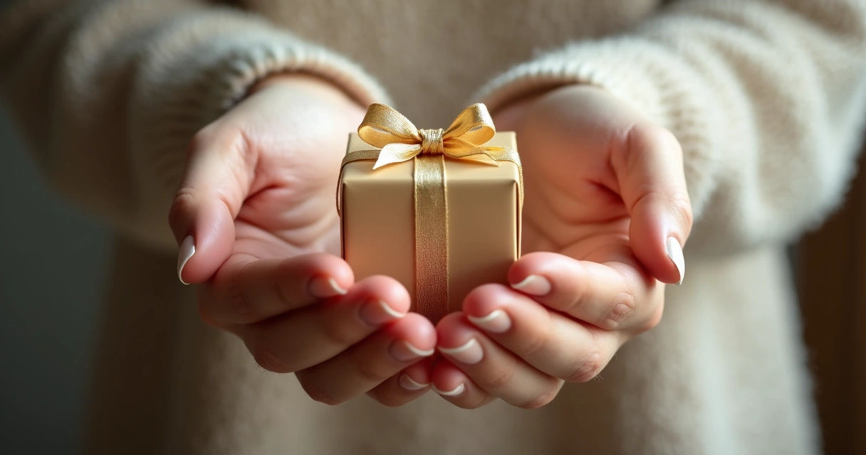 Mãos segurando presente embrulhado com energia sutil ao redor 