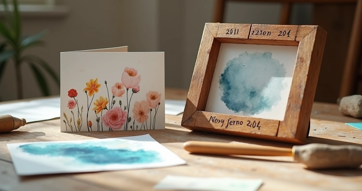Cartão e porta-retrato decorados artesanalmente com materiais simples 