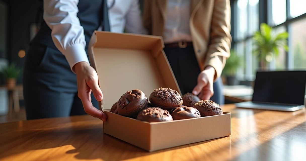 Caixa elegante de presente gourmet com brownies e cookies artesanais sobre mesa de madeira em ambiente corporativo iluminado 