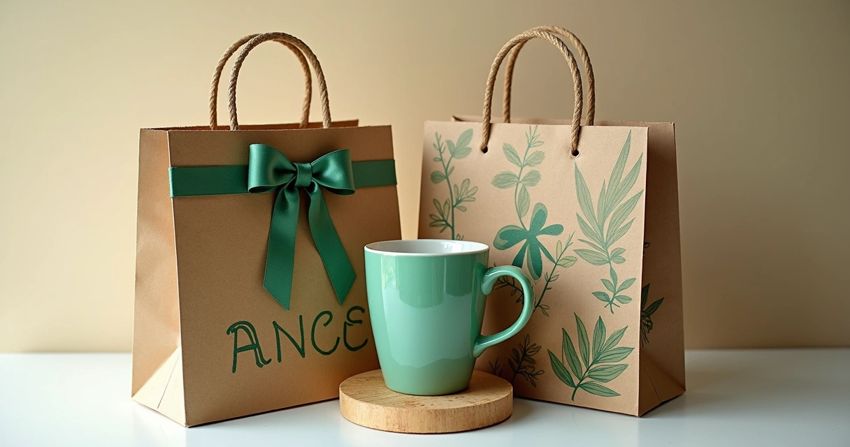 Kit com ecobag personalizada e caneca temática sobre papel de presente 