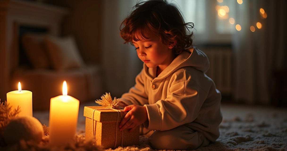 Menino segurando presente próximo à coroa de Advento