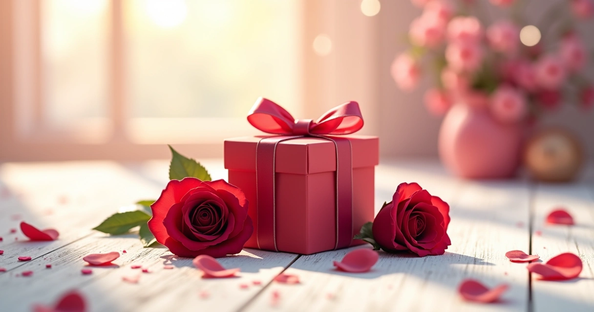 Caixa de presente com laço vermelho acompanhada de rosas vermelhas