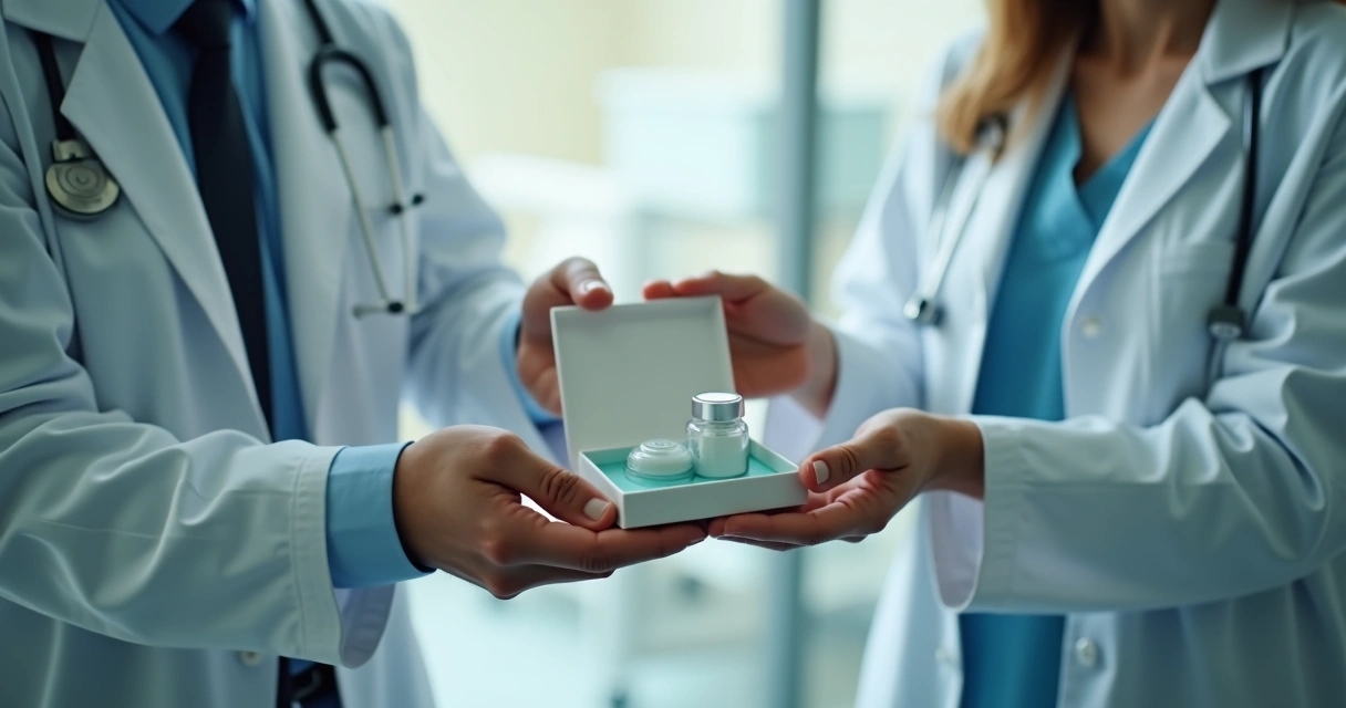 Médico entregando orquidômetro de presente a residente em hospital 