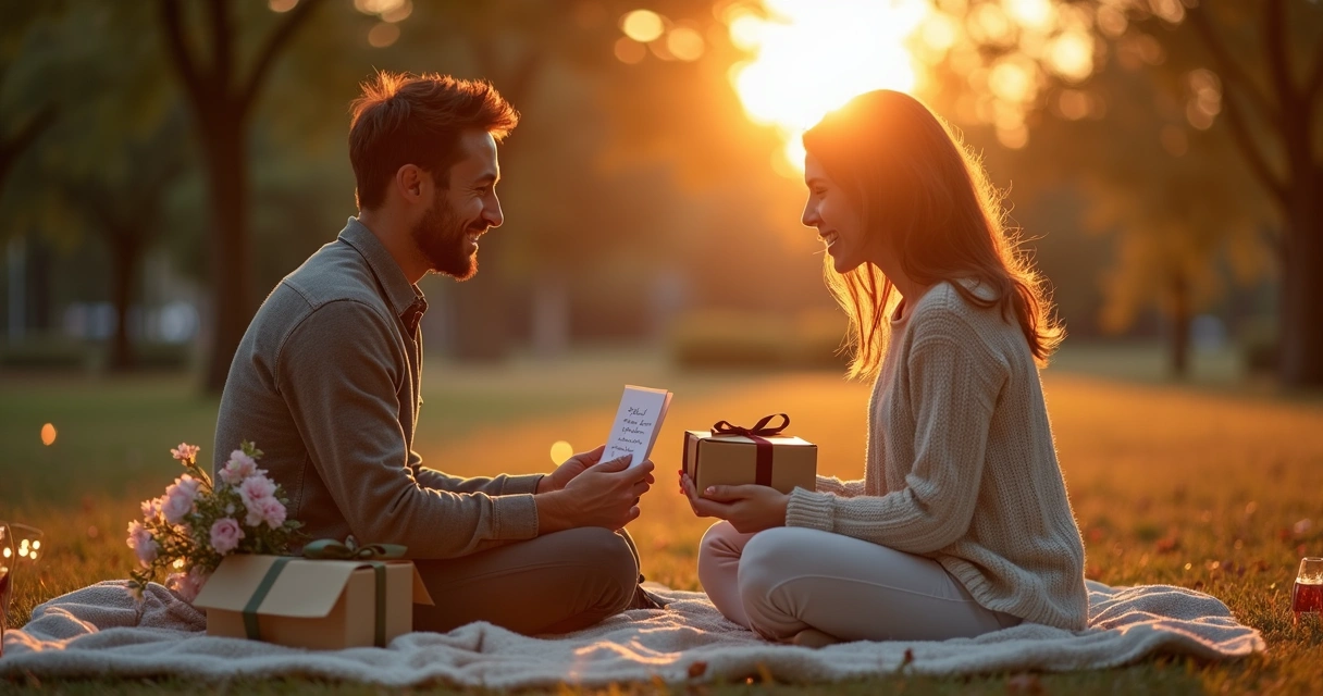 Casal sorrindo sentado em cobertor no parque, presentes trocados 