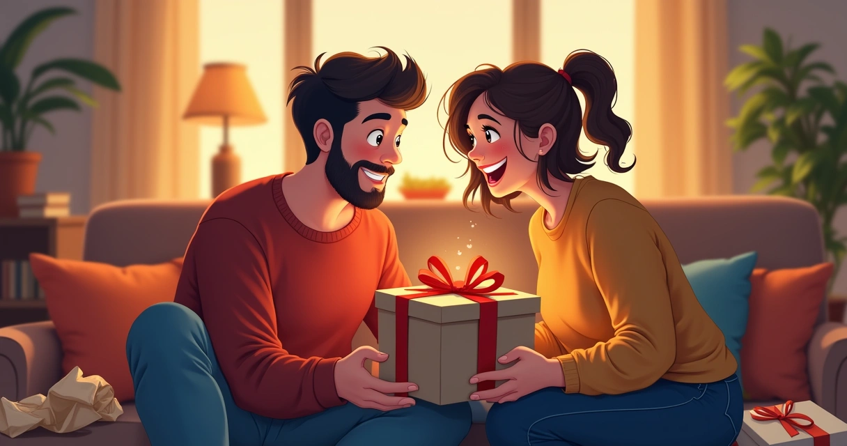 Homem abrindo presente surpresa dado pela namorada
