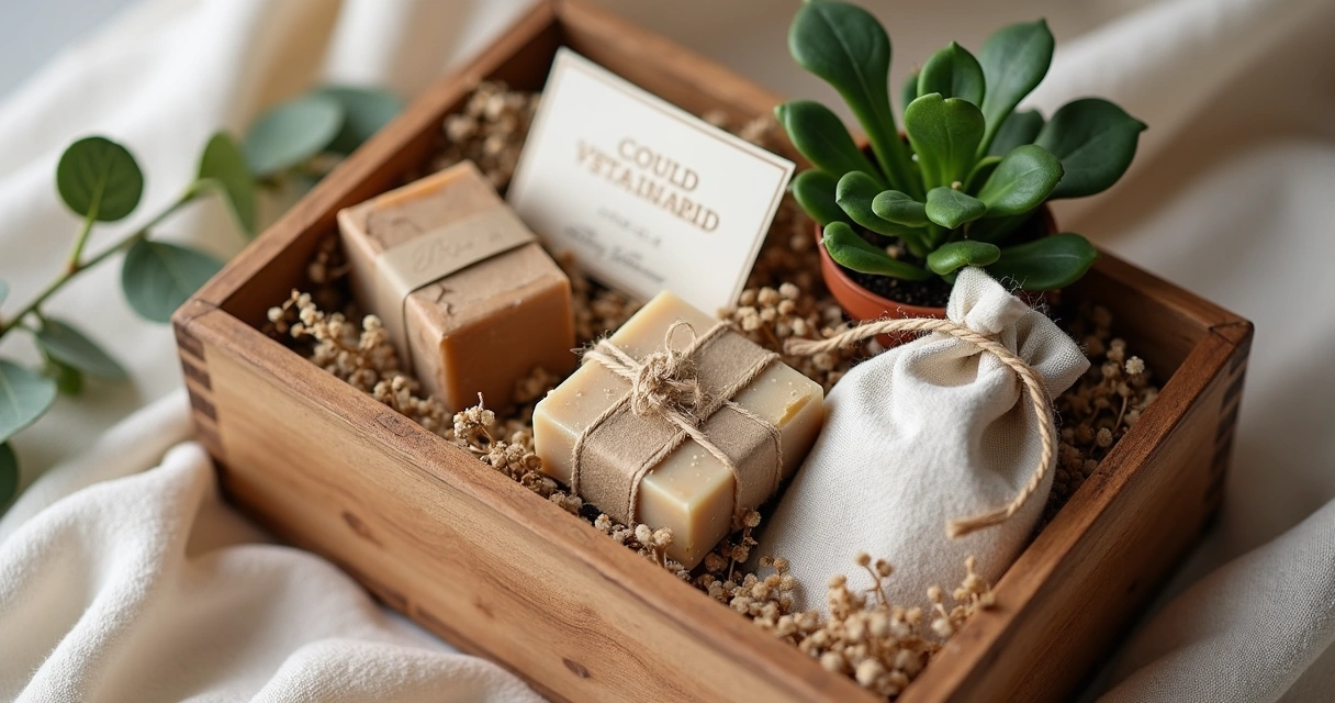 Caixa com presentes sustentáveis feitos à mão, papel reciclado e plantas 