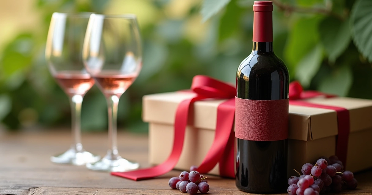 Presente de vinho embrulhado com taças ao lado 