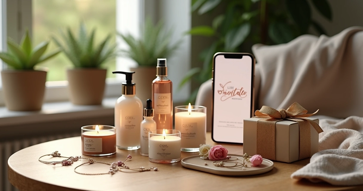 Mesa com presentes criativos femininos, incluindo velas aromáticas, cremes, acessórios e cartões personalizados 