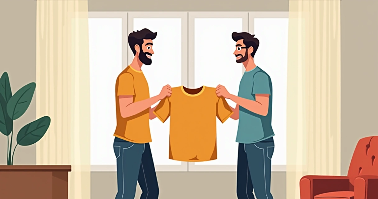 Filho entrega camisa casual ao pai sorridente em ambiente iluminado
