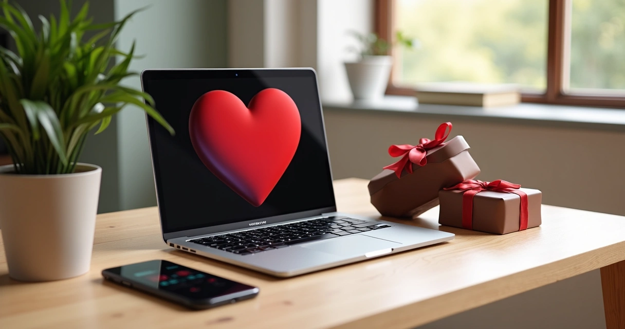 Notebook e coração digital na tela com chocolates ao fundo
