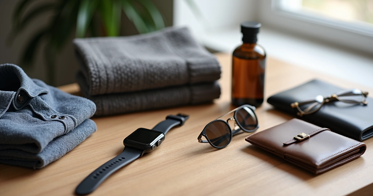 Mesa com presente tecnológico, relógio, perfume e acessórios masculinos sobre fundo neutro 