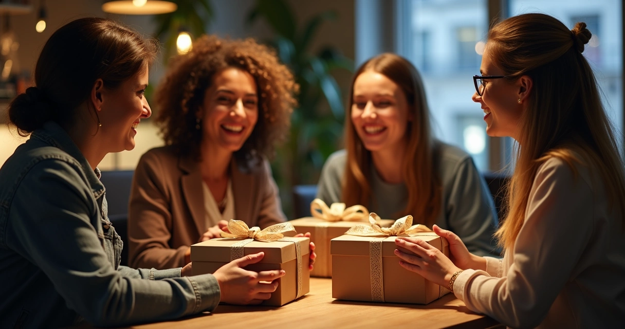 Colaboradores sorrindo ao abrir caixas de presentes personalizados 
