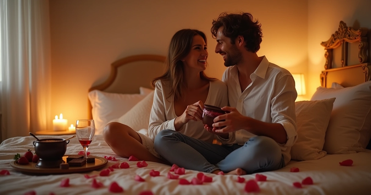 Casal surpreendido por presentes sensoriais juntos 