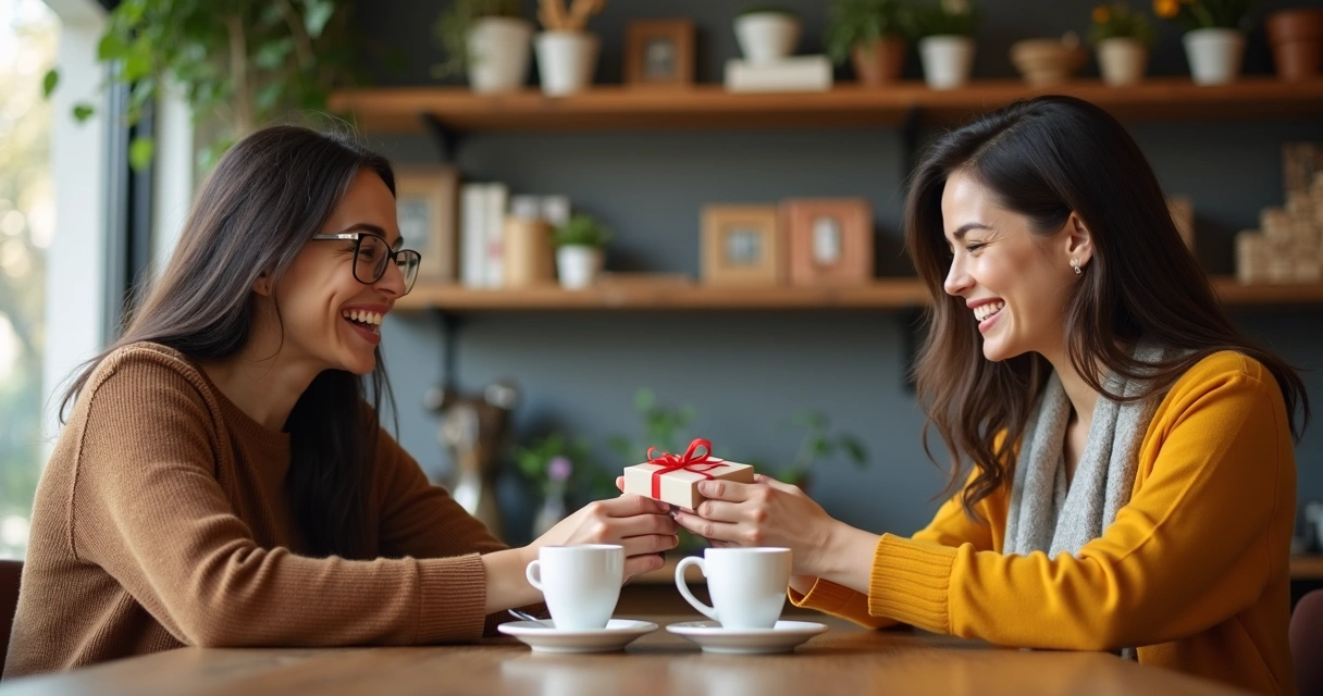 Duas pessoas trocando pequenos presentes em uma cafeteria 