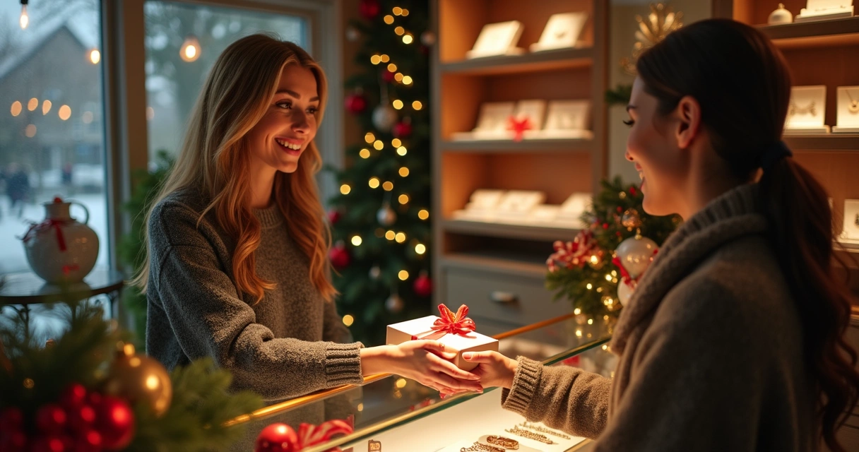 Cliente recebendo caixa de presente de joia de vendedora sorridente 