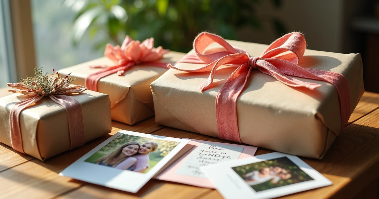 Mesa com presentes personalizados variados embalados de forma criativa e sustentável, com fotos, cartões e laços coloridos 
