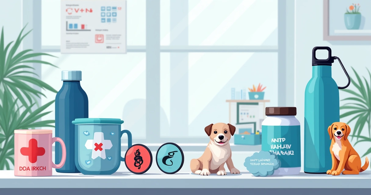 Vários presentes personalizados para médicos e veterinários sobre mesa, incluindo canecas, garrafas térmicas e broches com símbolos da medicina e anestesiologia, além de itens decorativos com nomes e 
