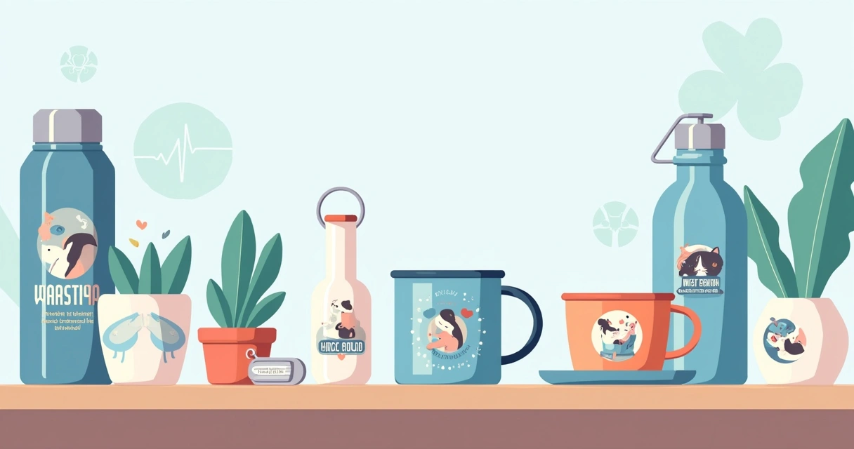 Ilustração corporativa de presentes temáticos para anestesistas e médicos com canecas, garrafas e chaveiros personalizados sobre mesa clara 