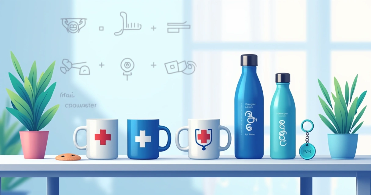 Ilustração corporativa plana de presentes temáticos para médicos sobre mesa com canecas, garrafas e chaveiros personalizados e decoração médica 