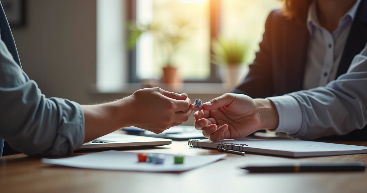 Colegas de trabalho trocando pequenos presentes, como bombons e canetas, em um ambiente de escritório.