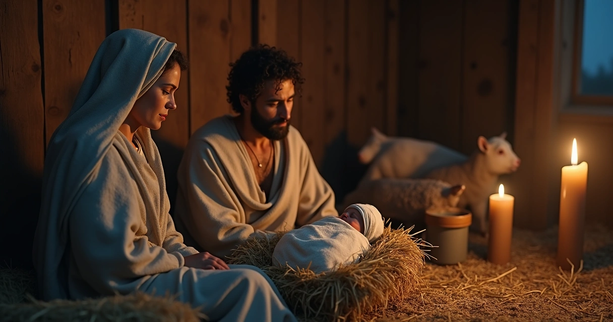 Presépio realista com Maria e José cansados e cenário simples 