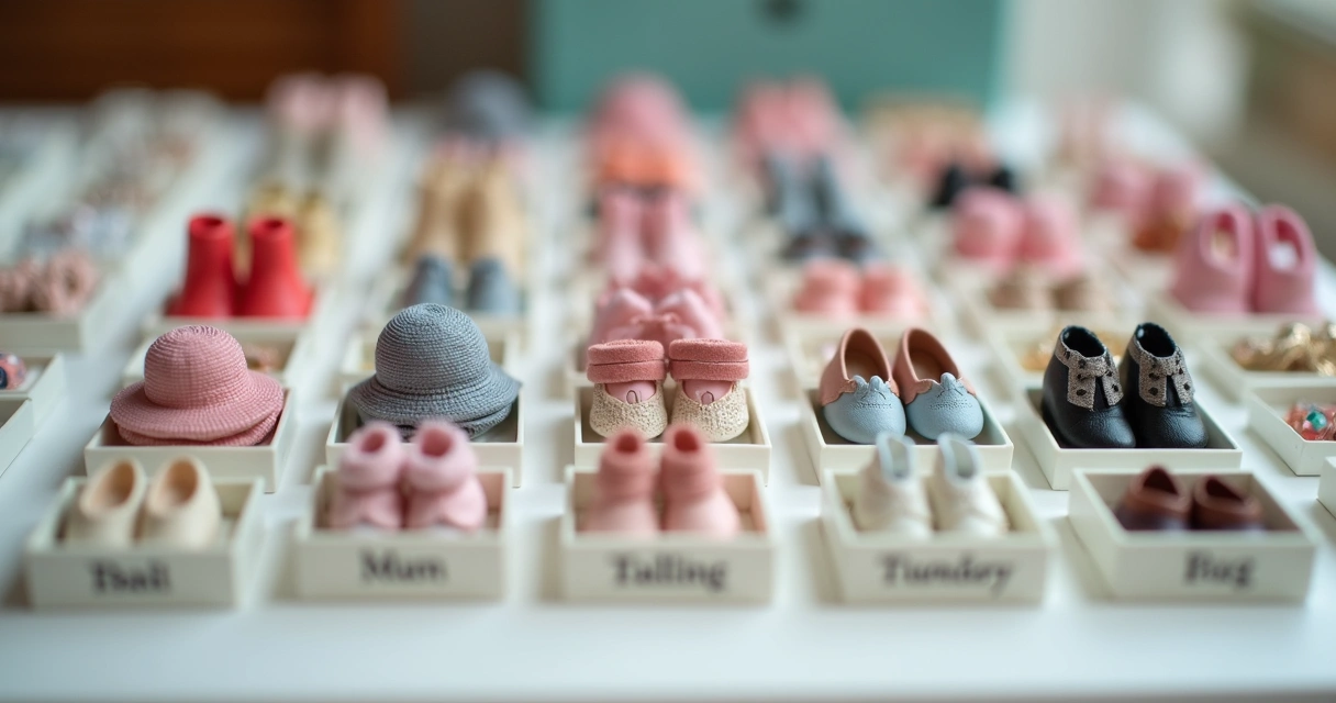Acessórios de bonecas organizados delicadamente em recipientes