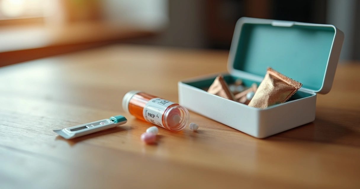 Caixa de preservativos, comprimidos de PrEP e testes rápidos de ISTs na mesa 
