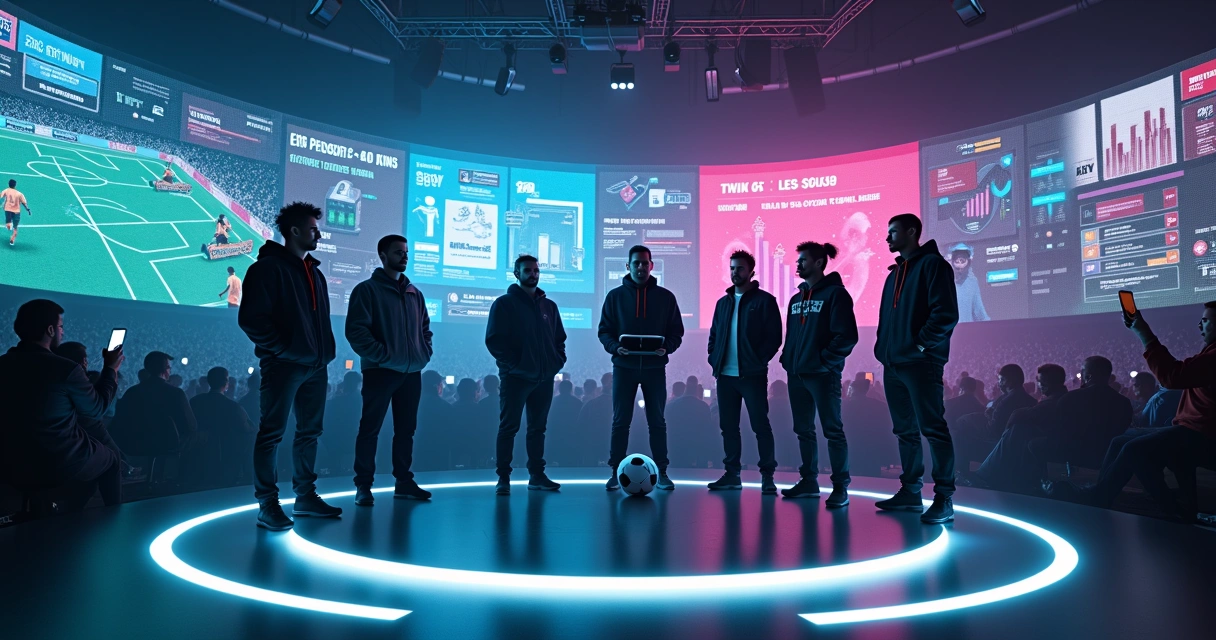 Presidentes da Kings League em palco circular cercado por telões de futebol e redes sociais 