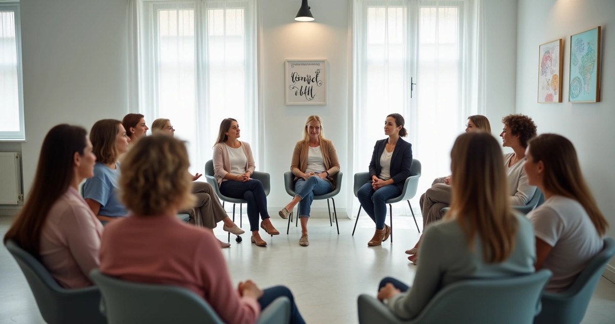Sala de constelação sistêmica com mulheres sentadas no círculo 