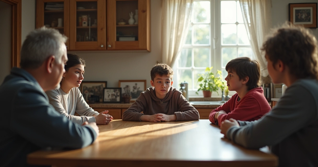 Padres sentados alrededor de una mesa mirando a un joven pensativo