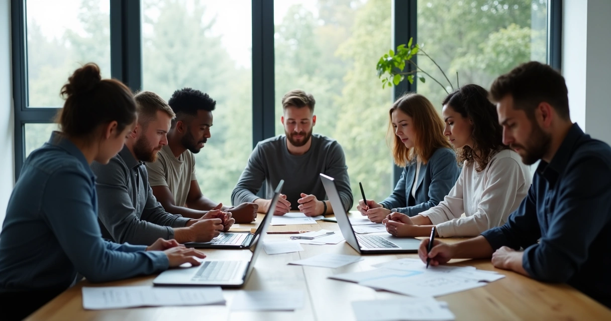 Un equipo de trabajo reunido alrededor de una mesa, todos con expresiones tensas mientras revisan documentos.
