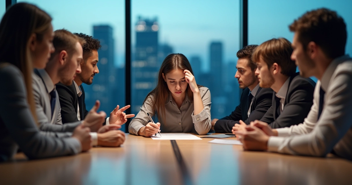 Persona pensativa rodeada de un grupo que la presiona para tomar una decisión 