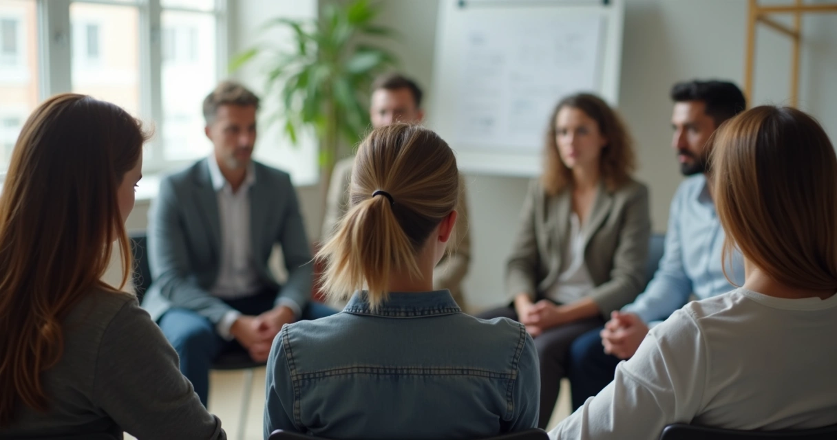 Personas sentadas en círculo, una persona mirando hacia abajo, los demás la observan