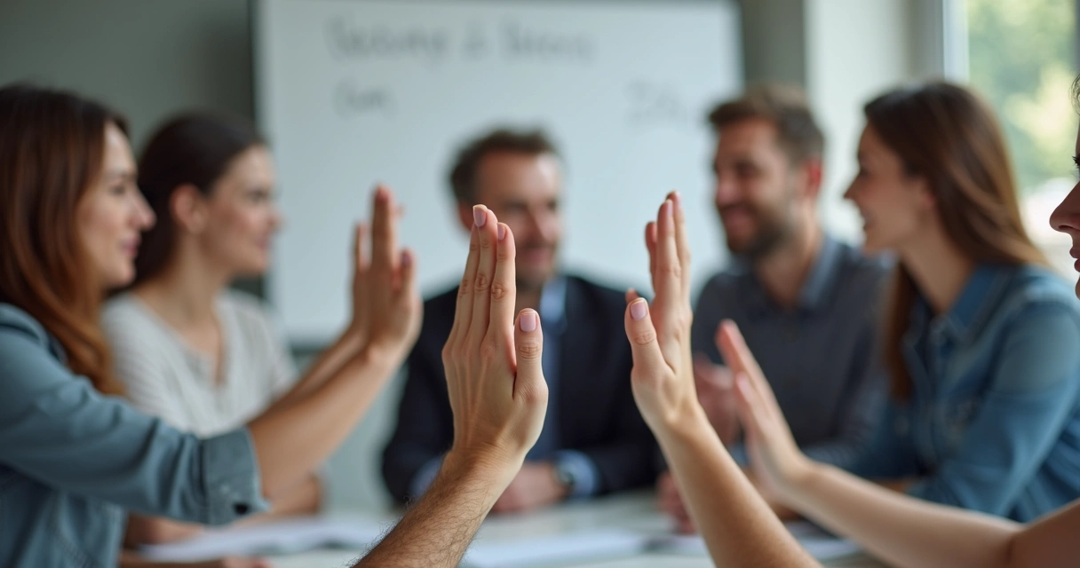 Manos levantadas en un grupo mostrando conformidad con una decisión 