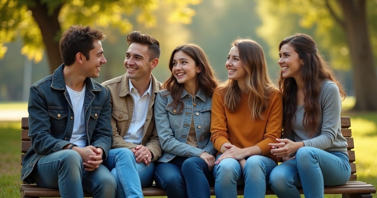Grupo de jóvenes sentados juntos, uno parece pensativo y apartado del grupo