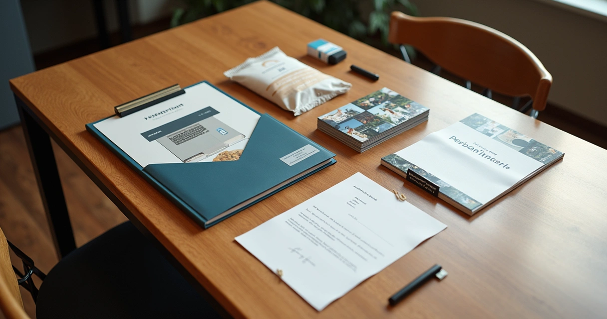 Press kit personalizado com itens variados em cima de uma mesa 