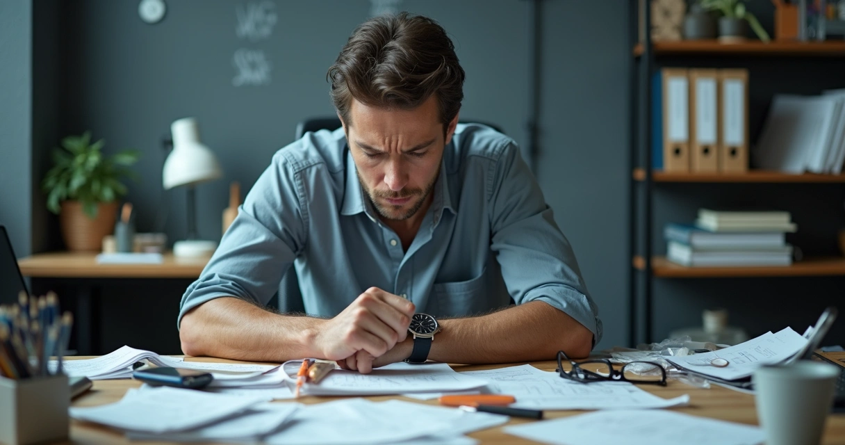 Pessoa olhando para um relógio em um escritório bagunçado, rosto tenso, papéis espalhados na mesa.