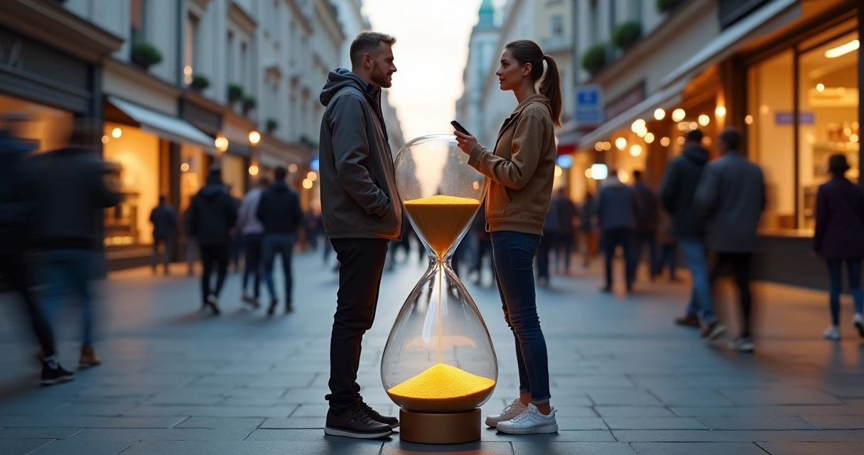 Casal em calçada movimentada junto a um grande relógio de areia no centro 