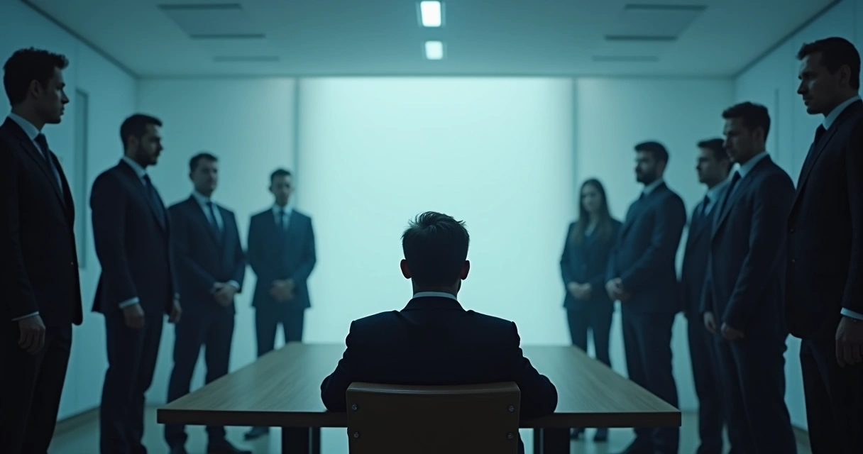 Pessoa sozinha em uma sala de reunião, cabisbaixa, cercada por outros com expressões fechadas 