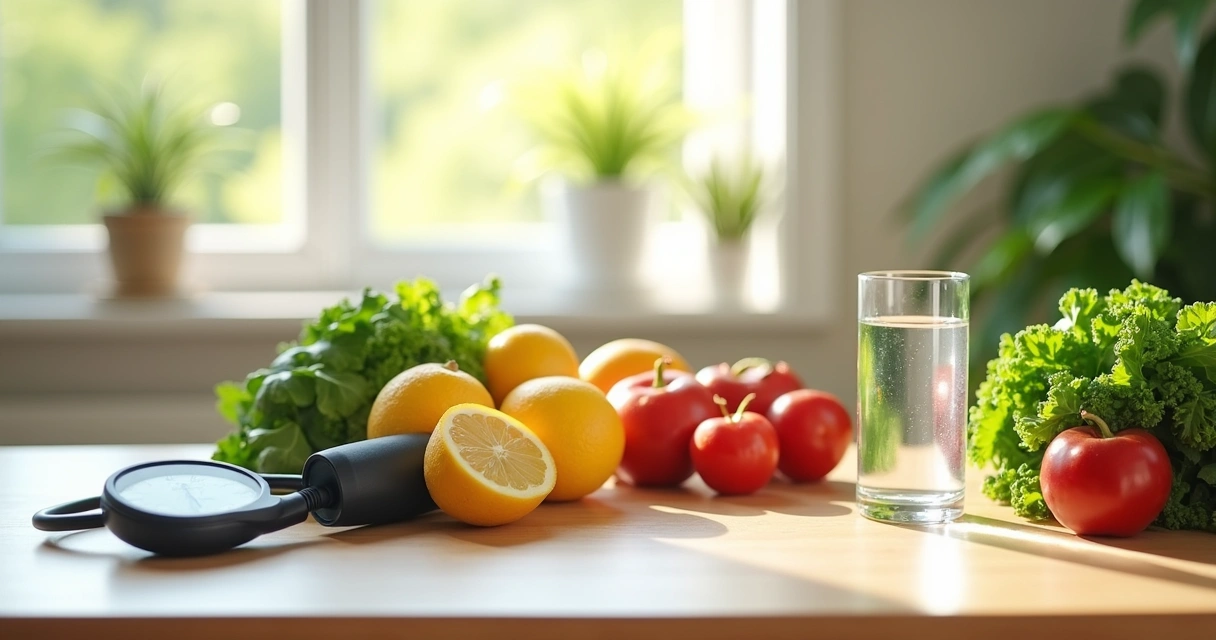 Frutas frescas e vegetais ao lado de um esfigmomanômetro 