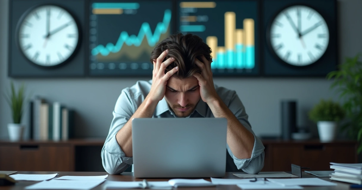 Pessoa em ambiente de trabalho olhando para baixo, mãos na cabeça sobre a mesa, com papéis e laptop. 