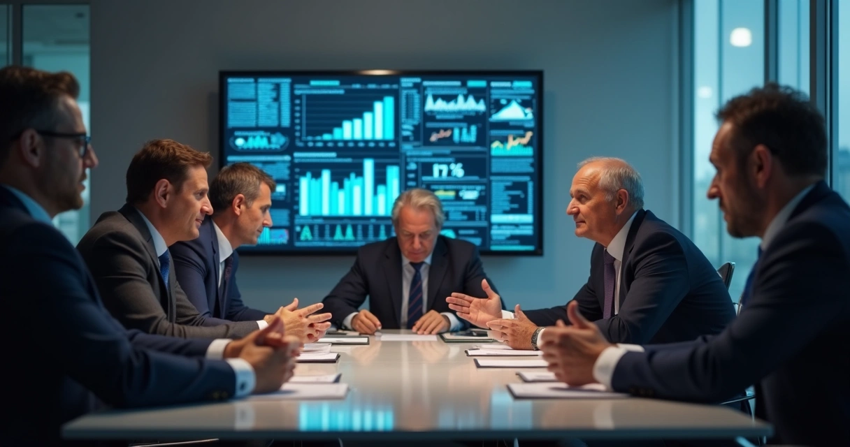 Executivos em volta de uma mesa debatendo foco e pressão corporativa 