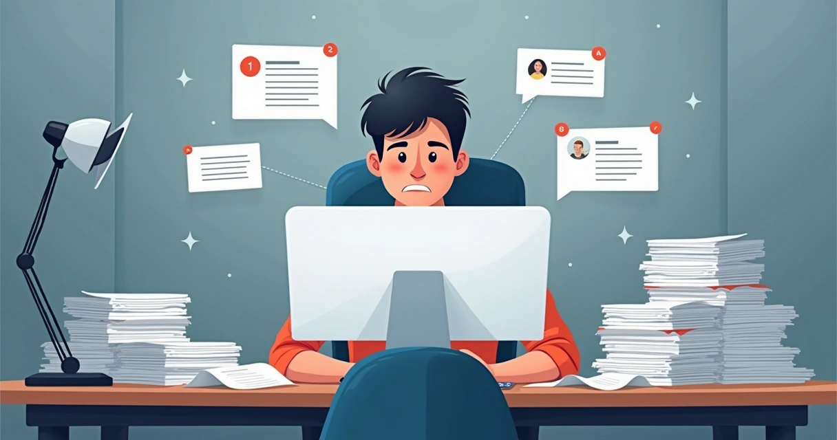 Ilustração de uma pessoa sentada em frente a um computador com várias notificações e papéis ao redor, transmitindo sensação de pressão do cotidiano. 