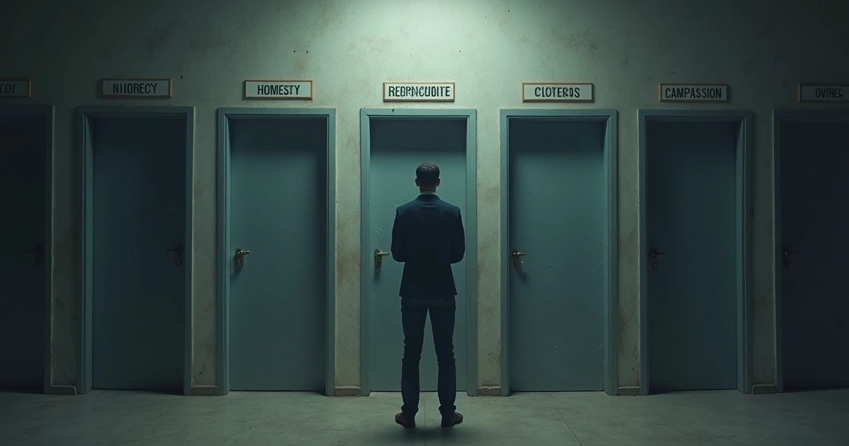 Pessoa parada refletindo em frente a várias portas diferentes